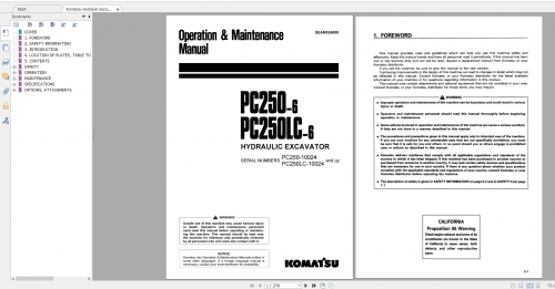 Komatsu Hydraulic Excavator PC250 6 PC250LC 6 Operation & Maintenance Manual SEAM024000 1998