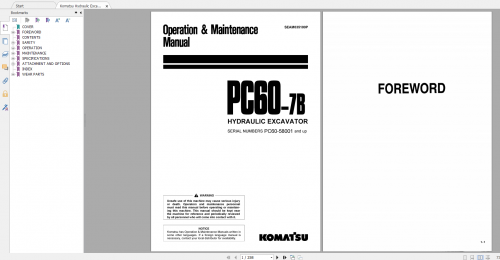 Komatsu Hydraulic Excavator PC60 7B Operation & Maintenance Manual SEAM035100P 1999