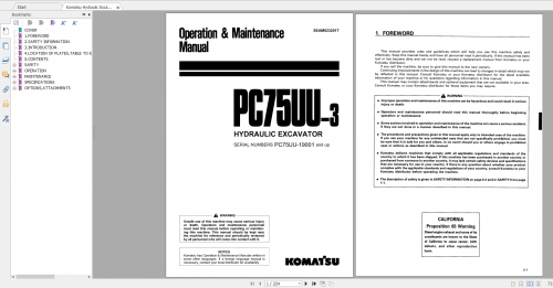 Komatsu Hydraulic Excavator PC75UU 3 Operation & Maintenance Manual SEAM023201T 1999