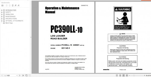 Komatsu Log Loader Road Builder PC390LL 10 Opeartion & Maintenance Manual CEAM027103 2016