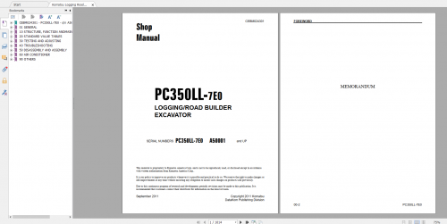 Komatsu Logging Road Builer Excavator PC350LL 7E0 Shop Manual CEBM024301 2011