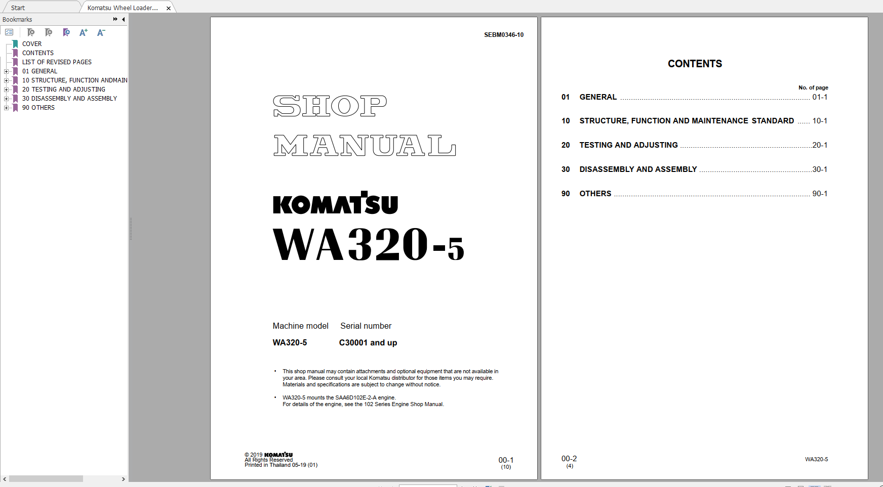 Komatsu Wheel Loader WA320 5 Shop Manual SEBM0346 10 2019 Auto Repair 