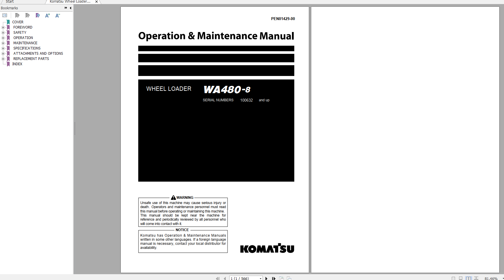 Komatsu Wheel Loader WA480 8 Operation Maintenance Manual PEN01429 00 