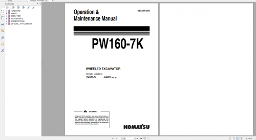 Komatsu Wheeled Excavator PW160 7K Operation & Maintenance Manual UEAM003203 2005