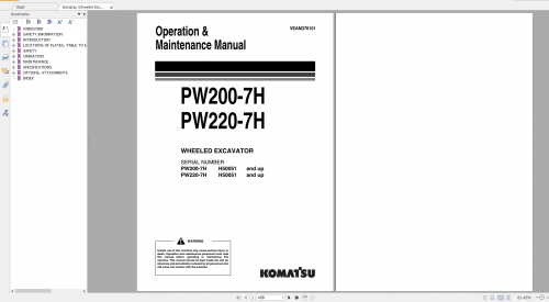 Komatsu Wheeled Excavator WA200 7H WA220 7H Operation & Maintenance Manual VEAM370101 2011