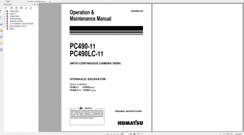 Komatsu Hydraulic Excavator PC490 11 PC490LC 11 Operation & Maintenance Manual UENAM01422 2019