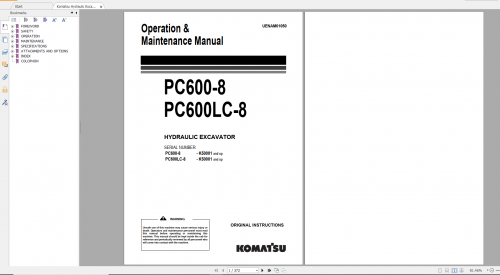 Komatsu Hydraulic Excavator PC600 8 PC600LC 8 Operation & Maintenance Manual UENAM01050 2014