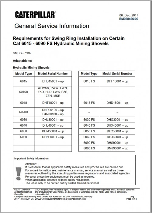 CAT Hydraulic Shovel 6015 6090 FS Swing Ring Installation Requirements Service Information EM028426 