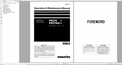 Komatsu Hydraulic Excavator PC270 8 PC270LC 8 Operation & Maintenance Manual TEN00278 03 2009