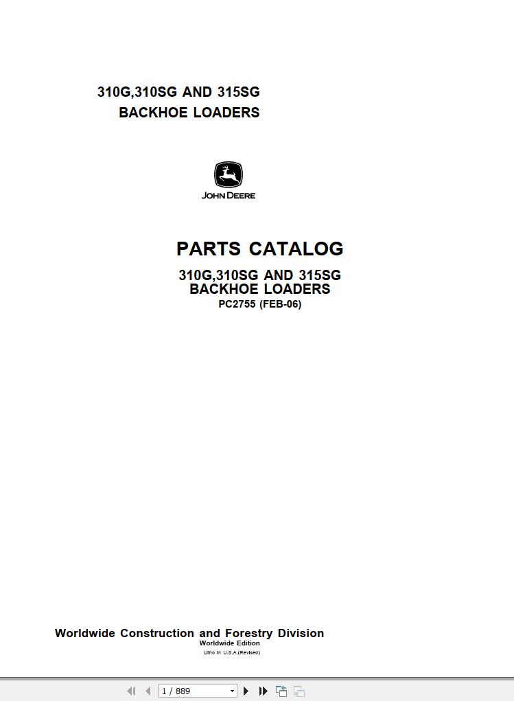 John Deere Backhoe Loaders 310G 310SG 315SG Parts Catalog PC2755 2006 ...