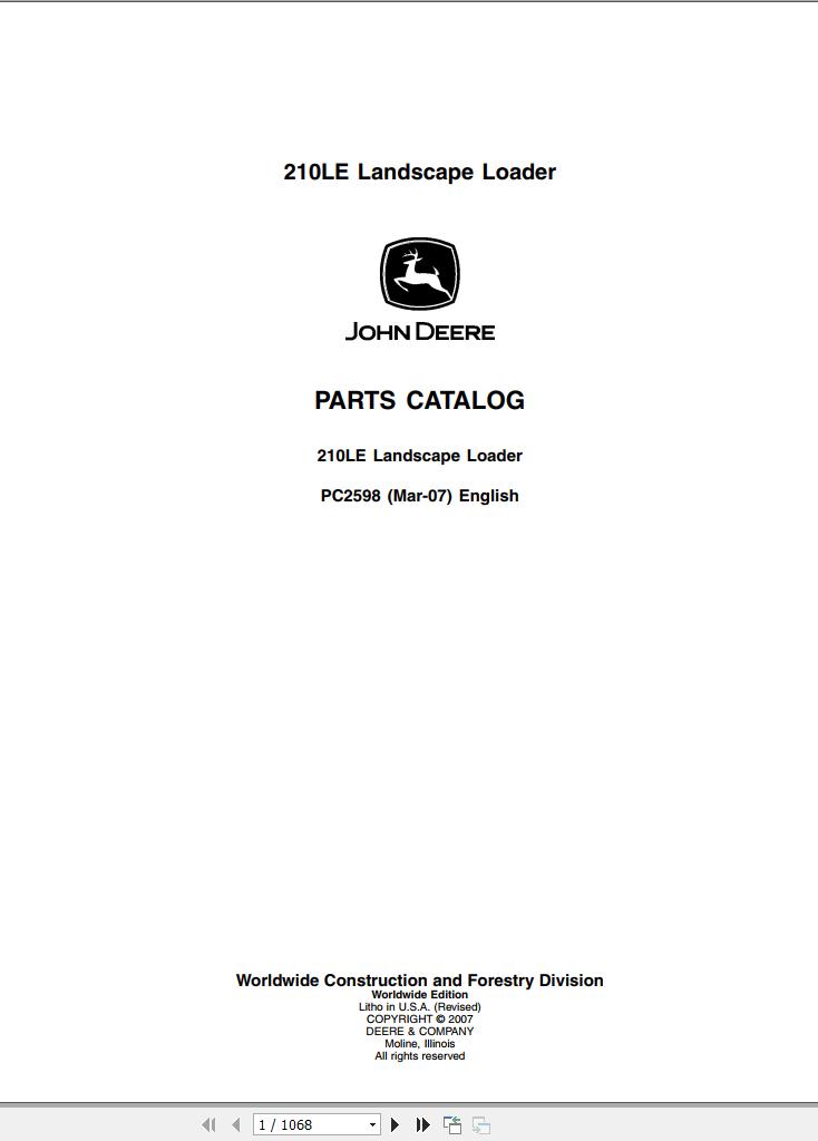 John Deere 210LE Landscape Loader PDF PC2598 Parts Catalog