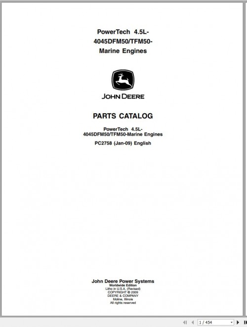 John Deere Powertech 4.5L 4045DFM50 TFM50 Marine Engines Parts Catalog PC2758 2009 1