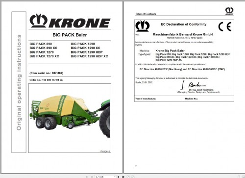 Krone BiG Pack Baler 890 XC 1270 XC 1290 XC HDP 907869 Operator Manual 15000013704 2015 1