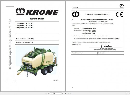 Krone Round Baler Comprima CF155XC CV150XC CV210XC 911106 Operator Manual 15000004611 2015 1