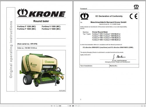 Krone Round Baler Fortima F 1250 F 1600 V1500 V1800 MC 875576 Operator Manual 15000013506 2015 1