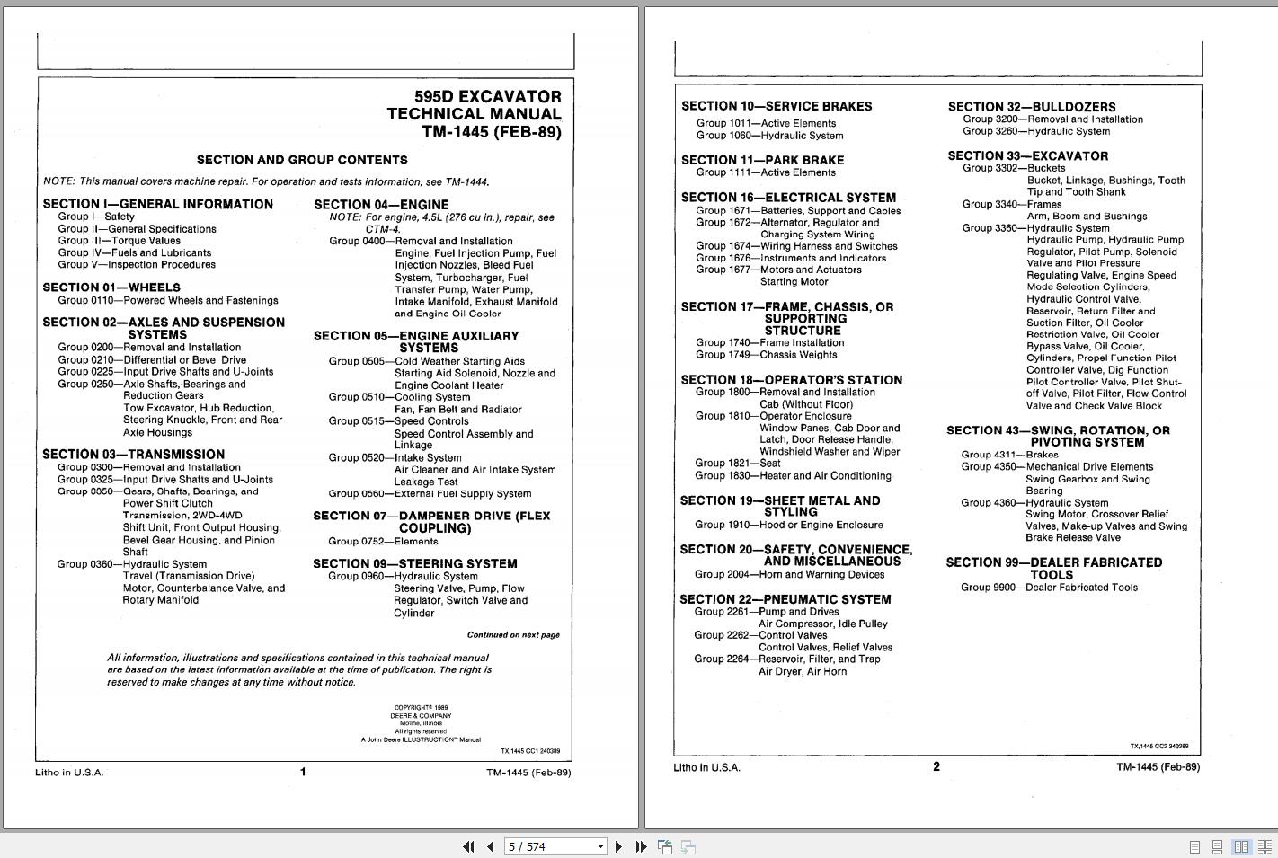 John Deere Excavators 595D Repair Technical Manual TM1445 | Auto Repair ...