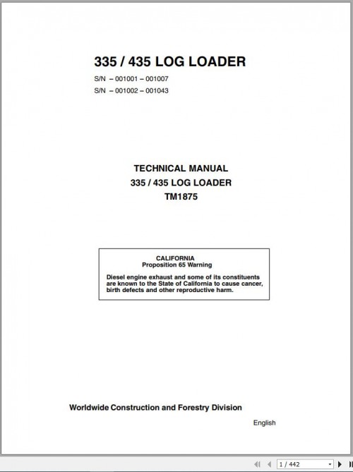 John Deere Log Loader 335 435 Technical Manual TM1875 1