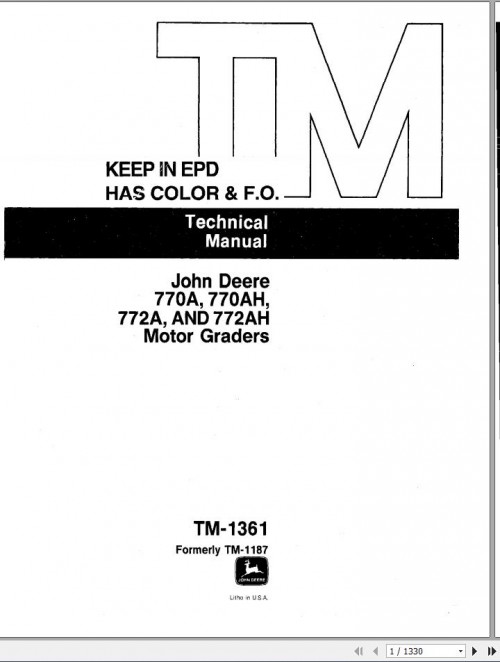 John Deere Motor Grader 770A 770AH 772A 772AH Technical Manual TM1361 1