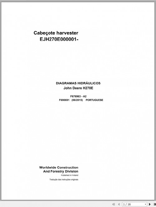 John Deere Harvester Head H270E F690691 A2 Hydraulic Diagram 2015 PT 1