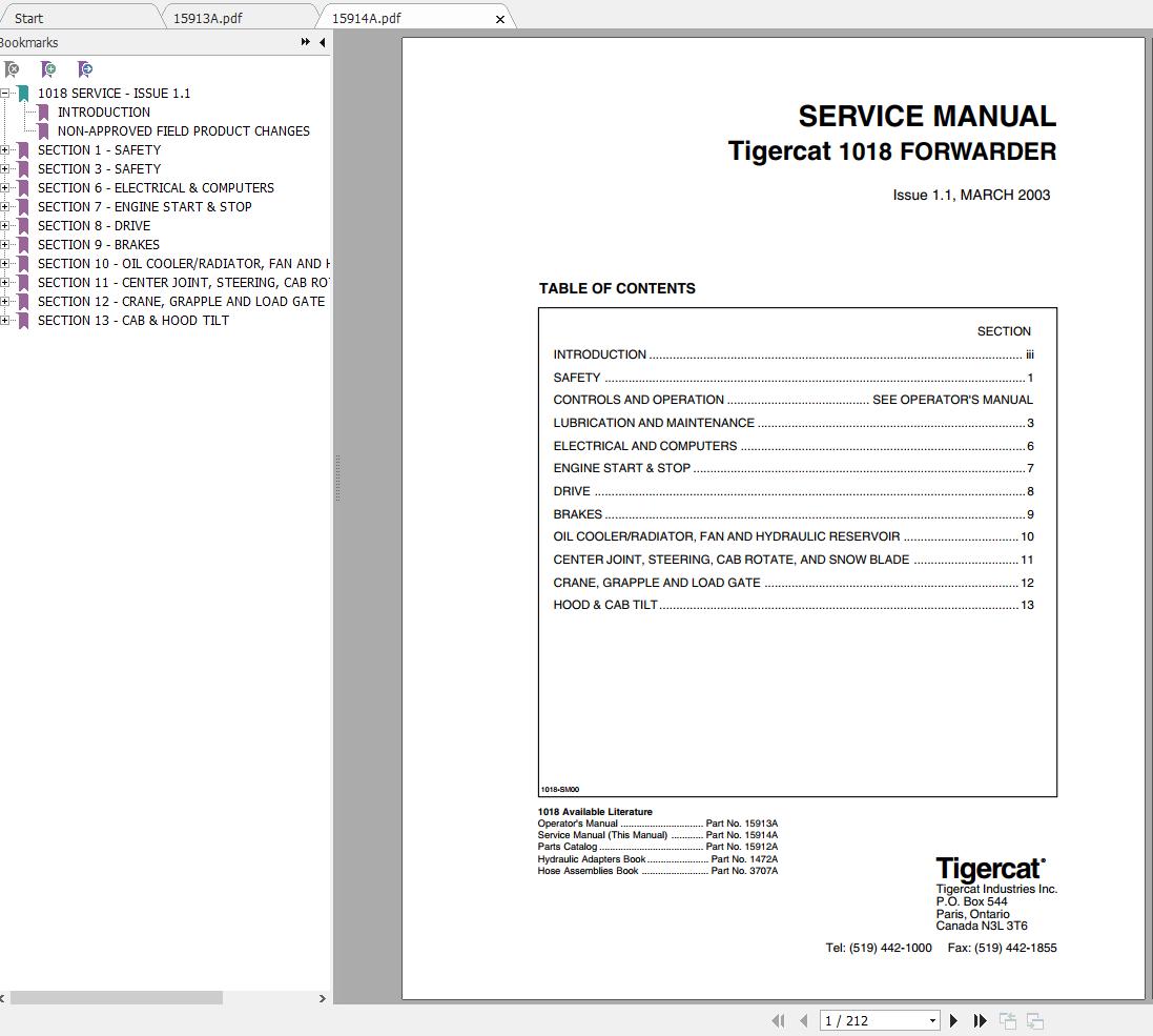 Tigercat Forwarder 1018 (10180101 - 10180499) Operator & Service Manual ...