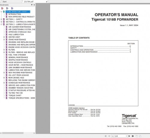 Tigercat Forwarder 1018B (10180501 10180599) Operator Manual 1