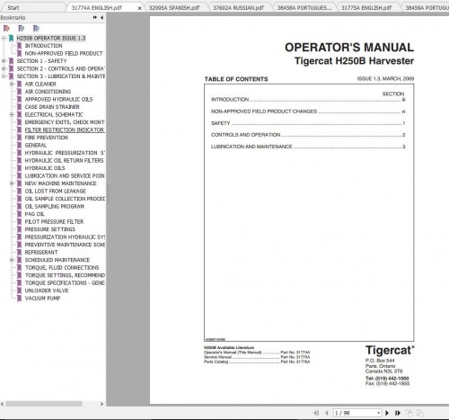 Tigercat Harvester H250B (250H0101 250H2000) Operator's & Service Manual 1