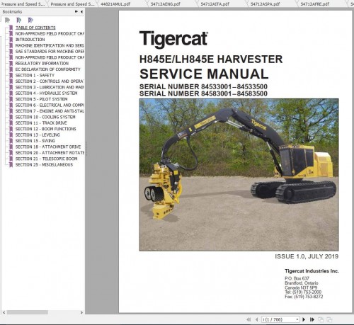 Tigercat Harvester H845E LH845E (84533001 84583500) Operator's & Service Manual 1