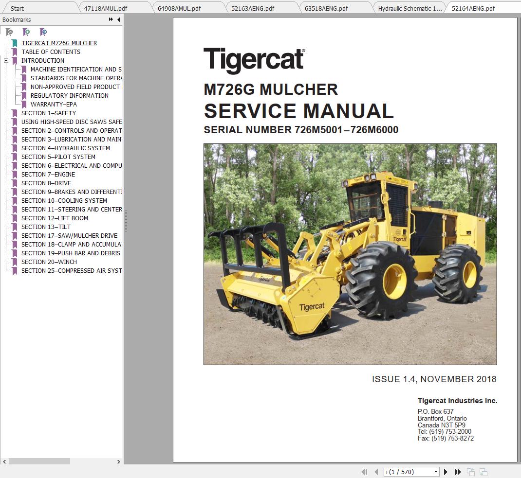 Tigercat Mulcher M726g 726m5001 726m6250 Operator Service Manual