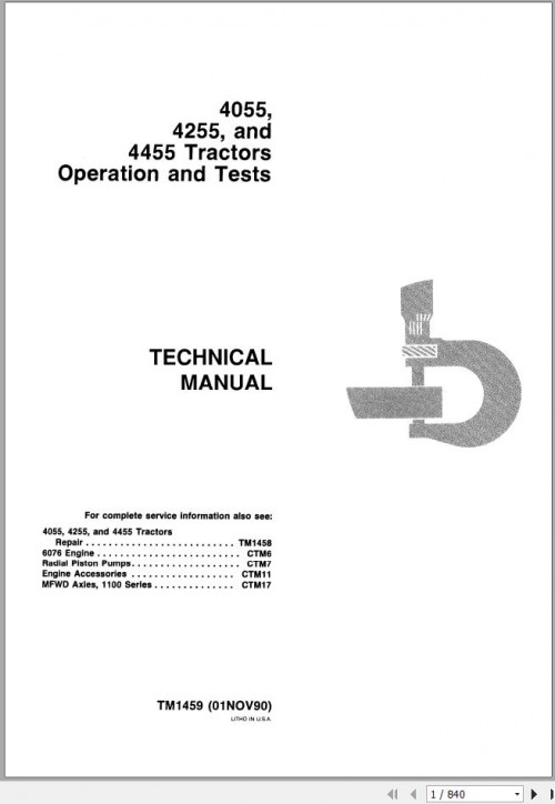 John Deere Tractors 4055 4255 4455 Operation & Test Manual TM1459 1