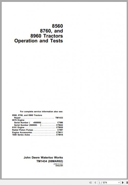 John Deere Tractors 8560 8760 8960 Operation & Test Manual TM1434 1