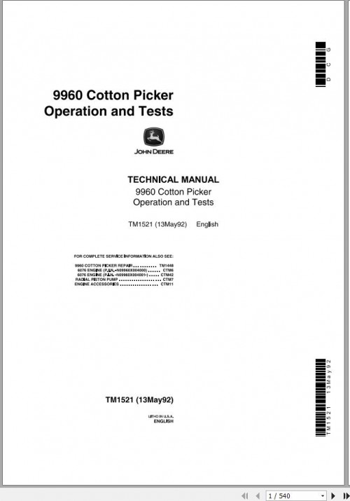 John Deere Cotton Picker 9960 Operation and Test Technical Manual TM1521 1