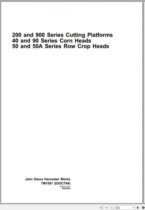 John Deere Cutting Platforms 200 900 40 90 50 50A Technical Manual TM1581 1