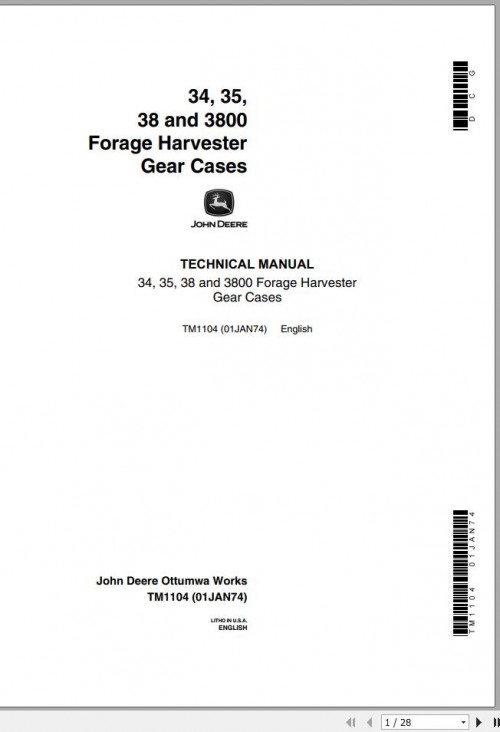 John Deere Forage Harvester Gear Cases 34 35 38 3800 Technical Manual TM1104 1