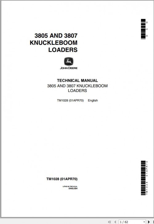 John Deere Knuckleboom Loaders 3805 3807 Technical Manual TM1028 1