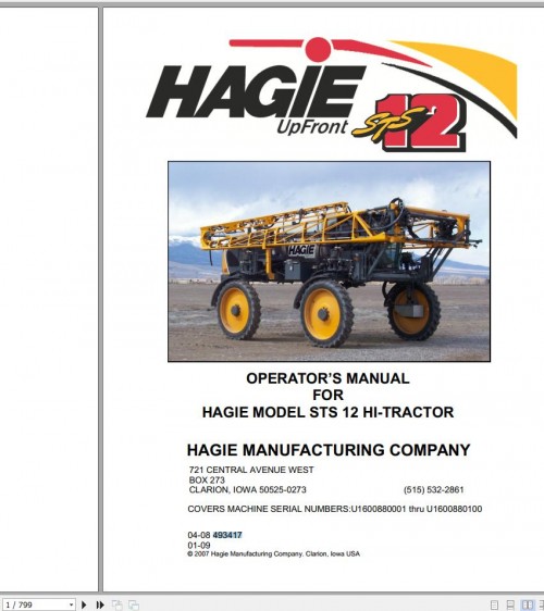 Hagie Hi Tractor STS 12 U1600880001 thru U1600880100 Operator Manual 493417 2009 1