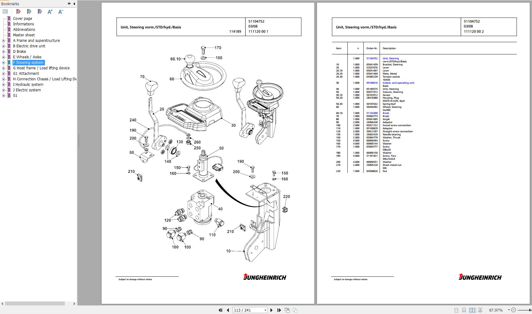 Jungheinrich Forklift EFG 113 SP GE115-230ZT Spare Parts Manual ...