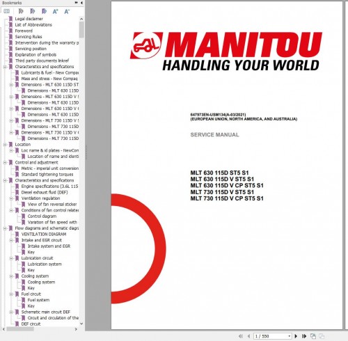 Manitou Telehandler MLT 630 MLT 730 115D ST5 S1V CP Service Manual 647973EN US134 03 (1)