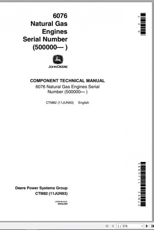 John Deere Engine Natural Gas 6076 Technical Manual CTM82 1