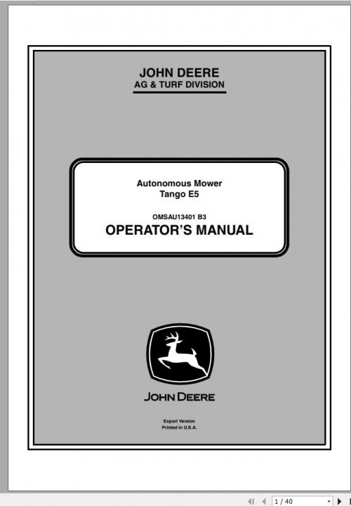 John Deere Autonomous Mower Tango E5 Operator's Manual OMSAU13401 B3 2013 1