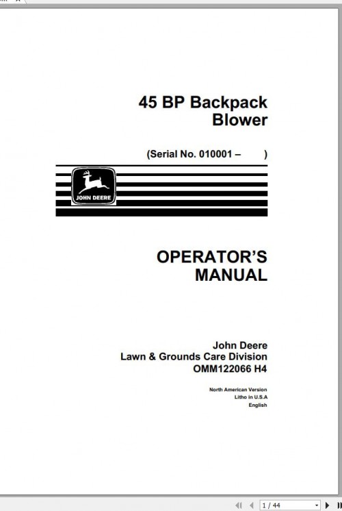 John Deere Backpack Blower 45 BP SN 01001 Operator's Manual OMM122066 H4 1