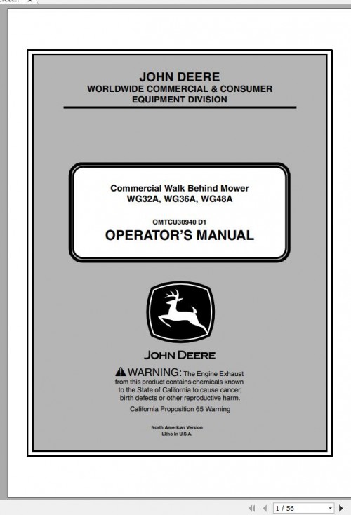 John Deere Commercial Walk Behind Mower WG32A WG36A WG48A SN 010001 Operator's Manual OMTCU30940 D1 