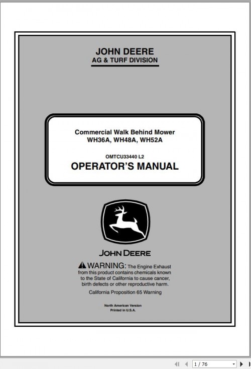 John Deere Commercial Walk Behind Mower WG36A WH48A WH52A SN 040001 Operator's Manual OMTCU33440 L2 