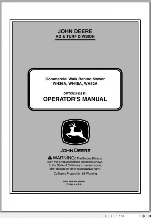 John Deere Commercial Walk Behind Mower WH36A WH48A WH52A SN 030001 Operator's Manual OMTCU31828 K1 