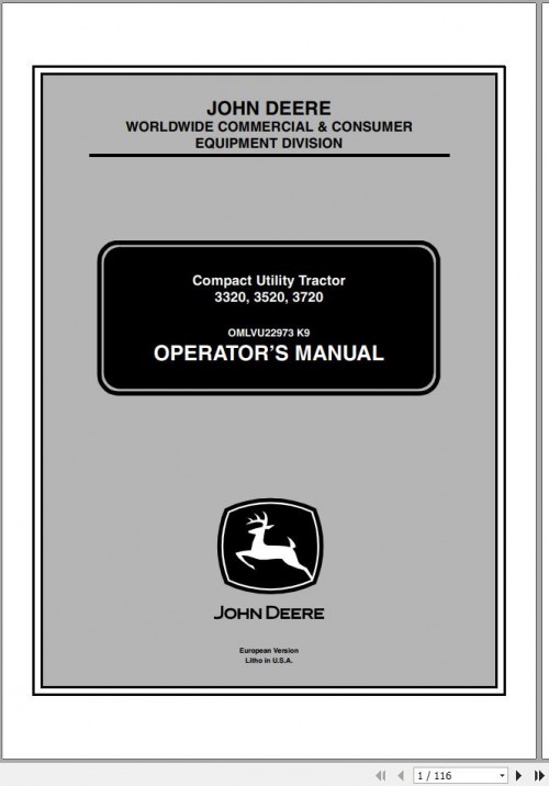John Deere Compact Utility Tractor 3320 3520 3720 Operator's Manual OMLVU22973 K9 2009 1