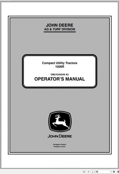 John Deere Compact Utility Tractors 1026R SN 215000 Operator's Manual OMLVU25249 A2 2012 1