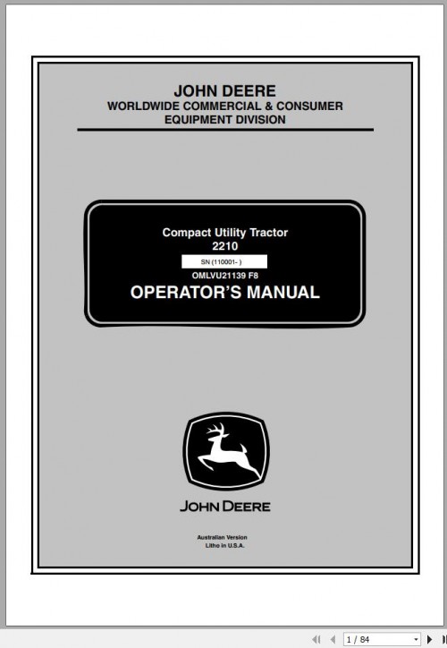 John Deere Compact Utility Tractors 2210 SN 110001 Operator's Manual OMLVU21139 F8 2008 1