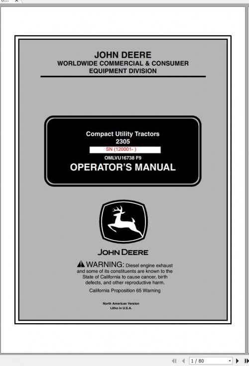 John Deere Compact Utility Tractors 2305 SN 120001 Operator's Manual OMLVU16738 F9 2009 1