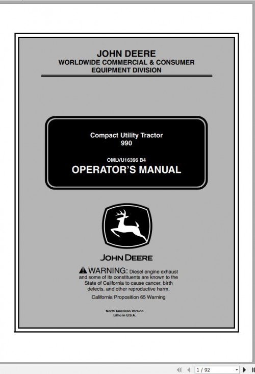 John Deere Compact Utility Tractors 990 SN 590001 Operator's Manual OMLVU16396 B4 2004 1