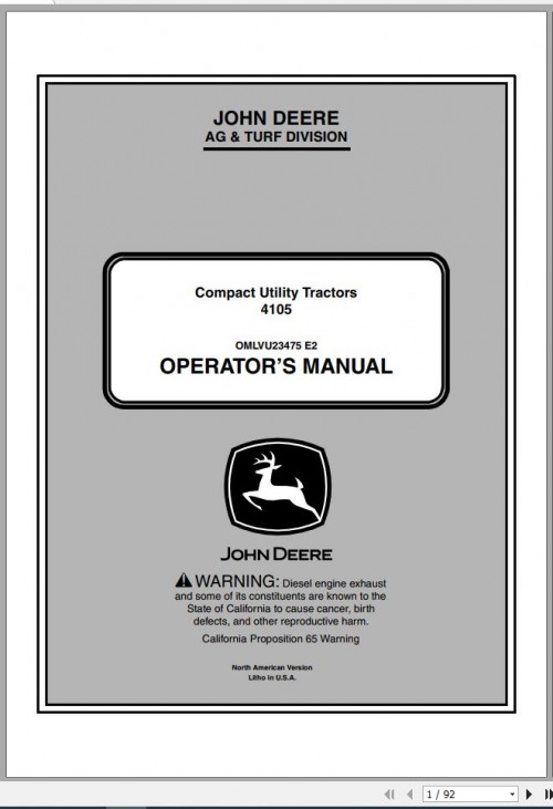 John Deere Compact Utility Tractors 4105 SN 410001 Operator's Manual OMLVU23475 E2 2012 1