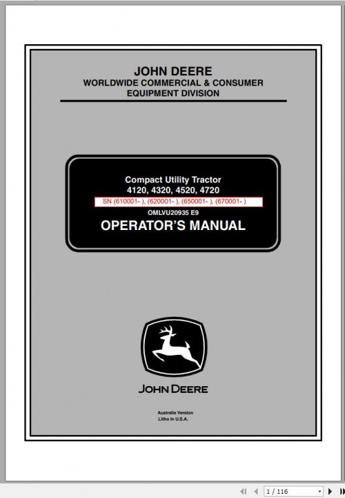 John Deere Compact Utility Tractors 4120 4320 4520 4720 Operator's Manual OMLVU20935 E9 2009 1
